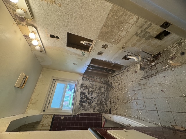 Bathroom stripped to subfloor and studs with old tile and fixtures removed